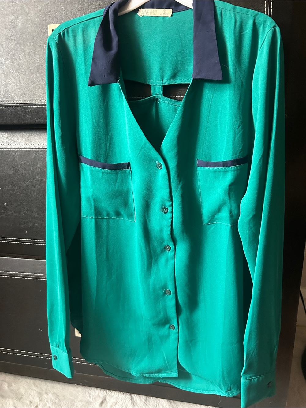 Button-Front Emerald Green Blouse with Navy Trim